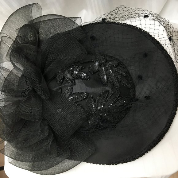 Black Fascinator w/Black Veil, Bow & Sequin Flower